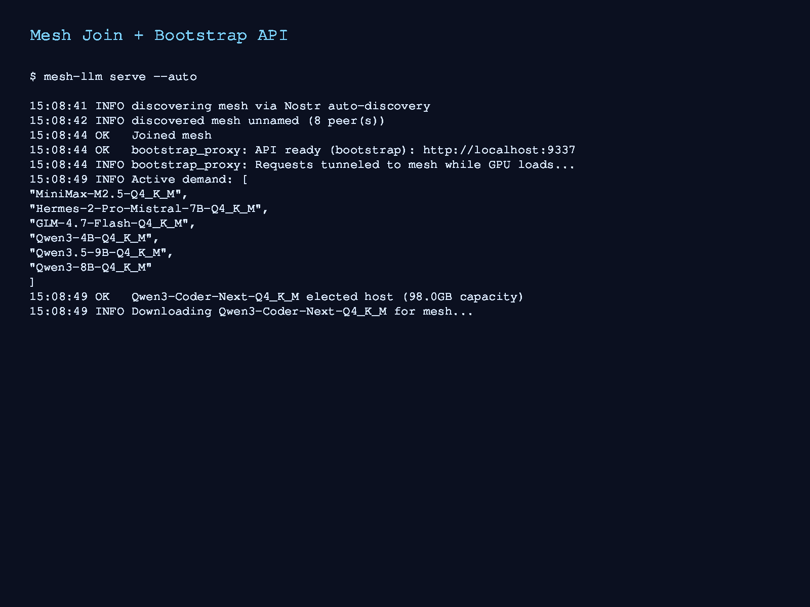 Mesh-LLM mesh join and bootstrap API proof